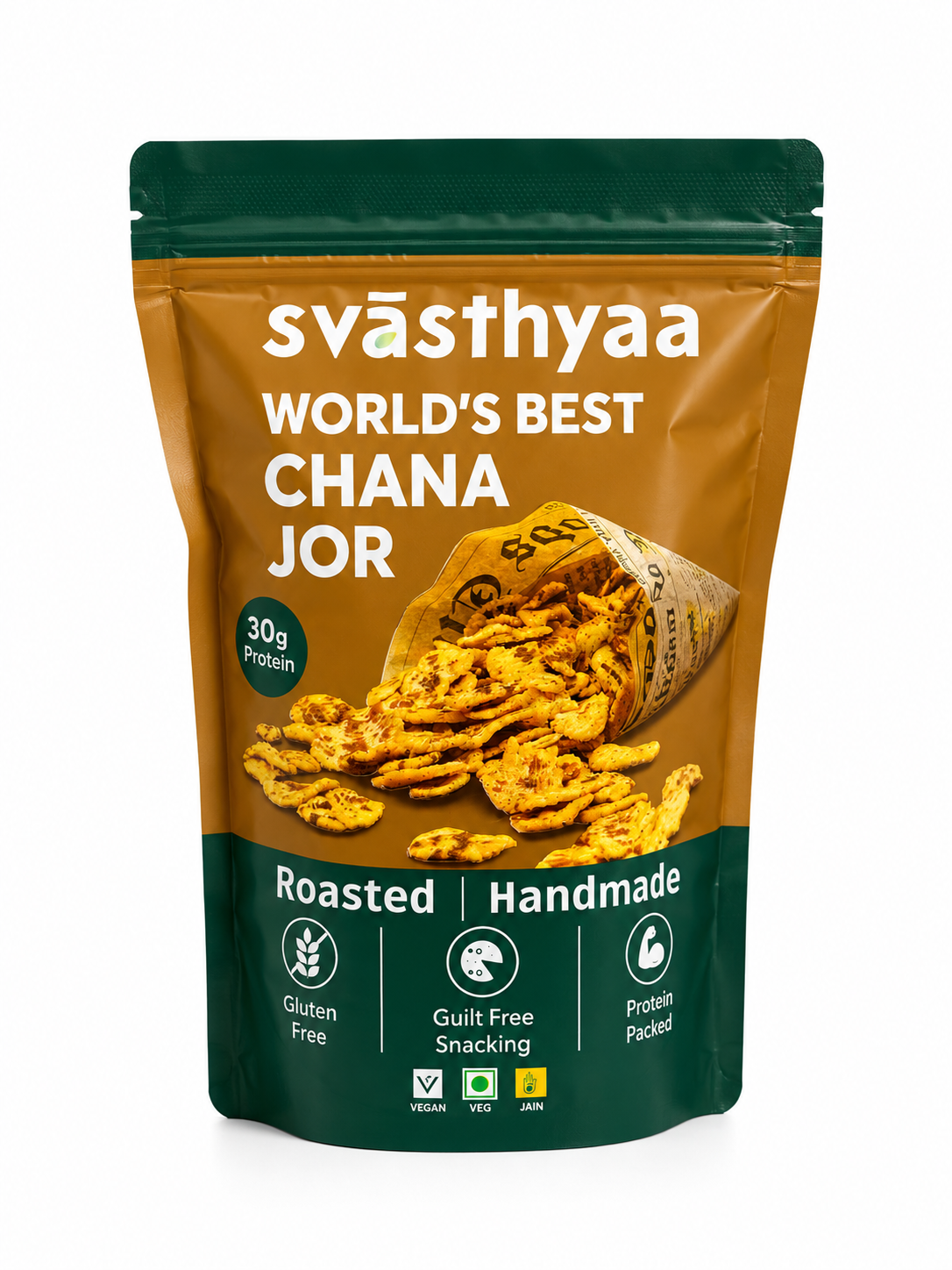 Svasthyaa Chana Jor 200 GMS prepared with roasted chana ingredients, hygienically packed for freshness and crunch.