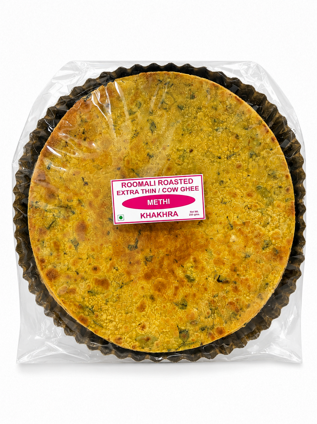 Cow Ghee Rumali Methi Khakhra 250 GMS with delicate crisp layers, earthy methi flavor and aromatic cow ghee.