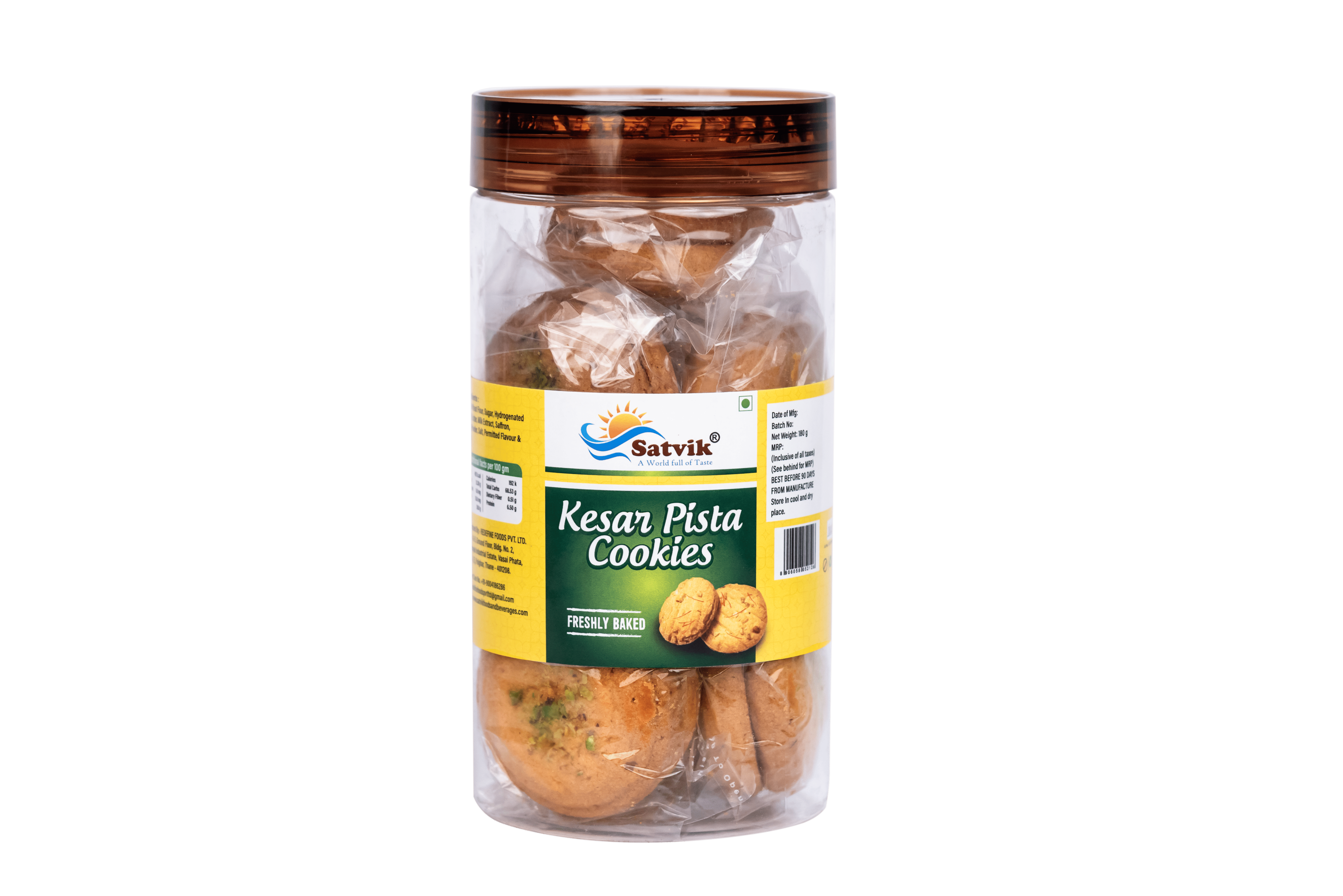 Kesar Pista Pet Jar Cookies with saffron aroma and pistachio flavor, conveniently packed in a jar for gifting and special treats.