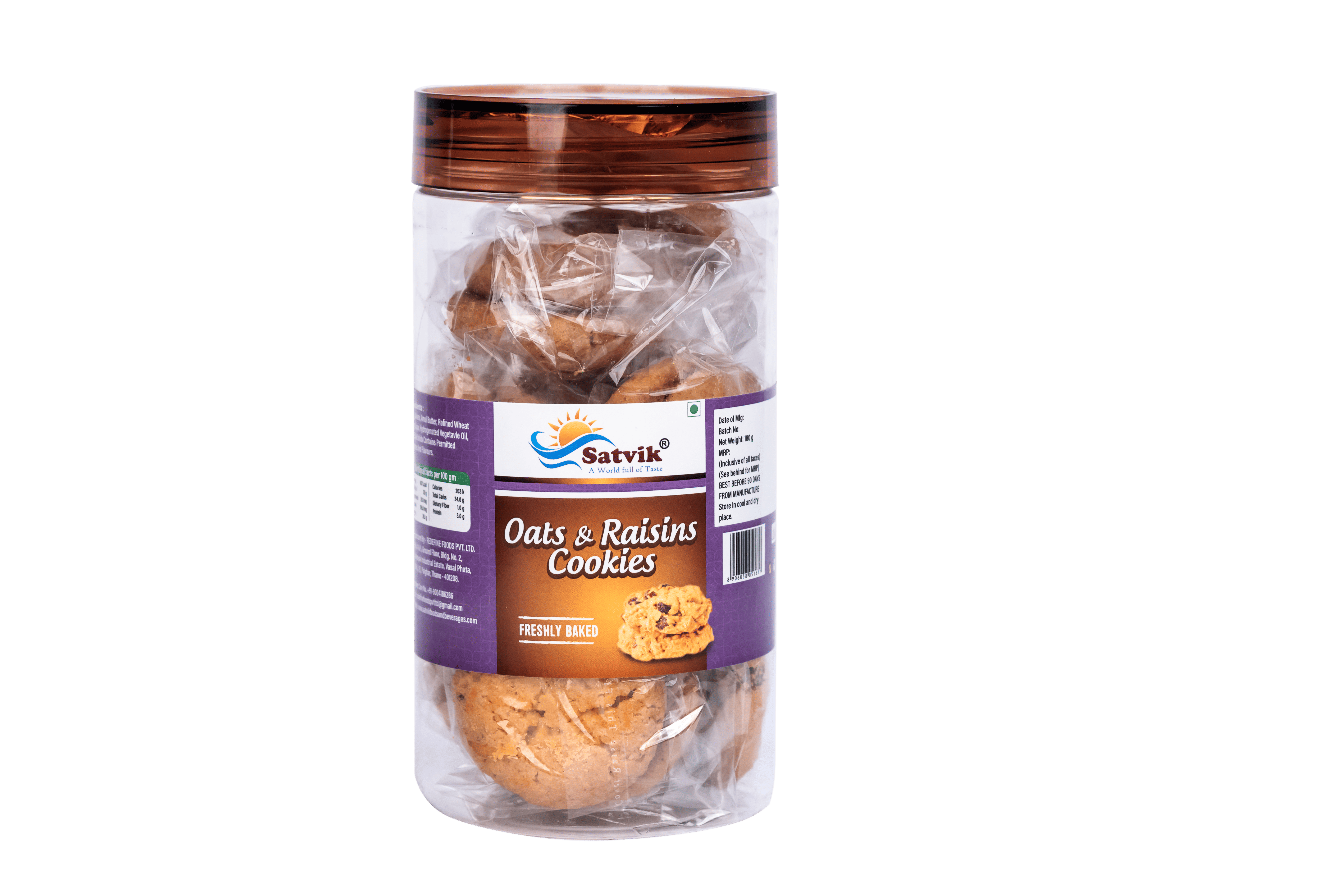 Oats and Raisins Pet Jar Cookies with crisp texture and sweet raisin pieces, conveniently stored for fresh serving and snacking.